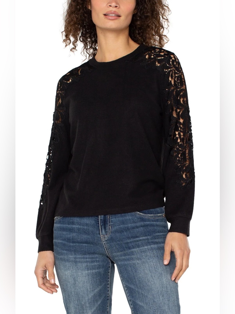 LIVERPOOL LOS ANGELES Crew Neck Long Soft Lace Inset Sleeve Top Black Size M NWT